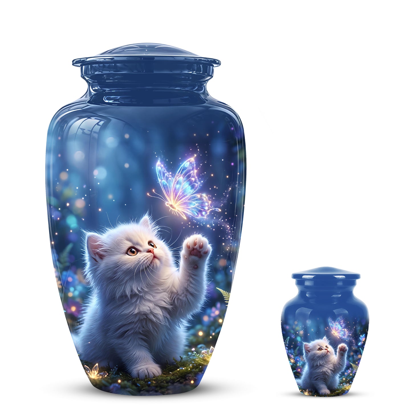 White Cat With Majestic Butterfly - Blue Cremation Urns For Human Ashes