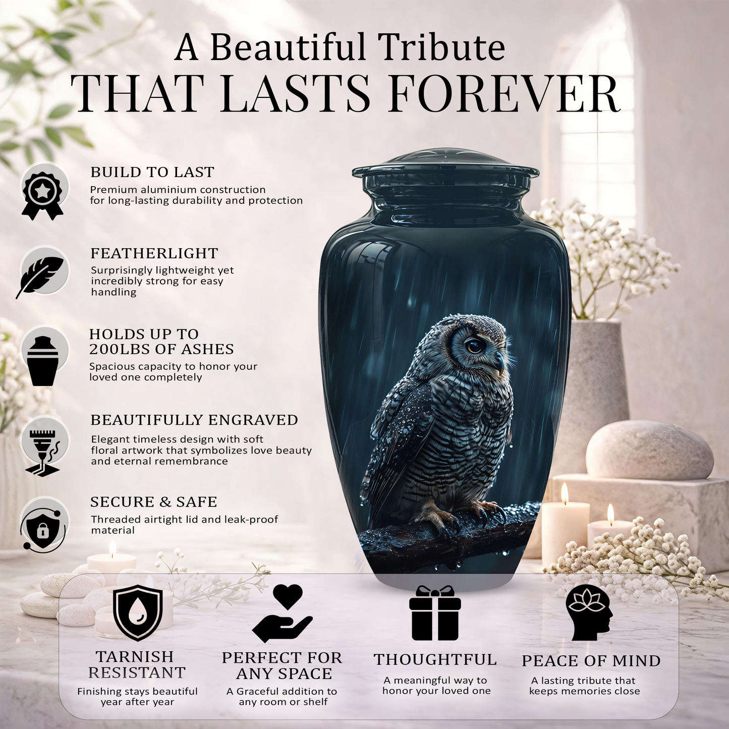 Snowy Owl Cremation Urn - Night Owl Burial Urns For Human Ashes