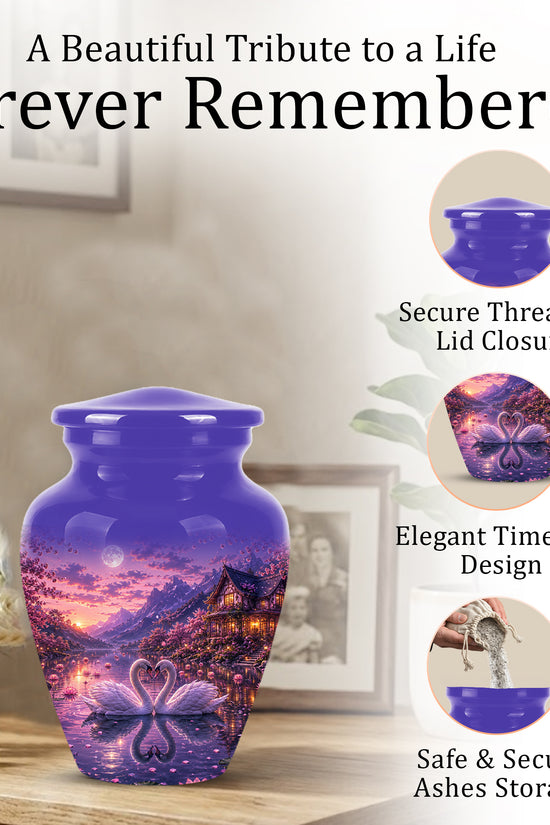 Couple Swan Cremation Urn - Purple Memorial Urns For Loved Ones Ashes