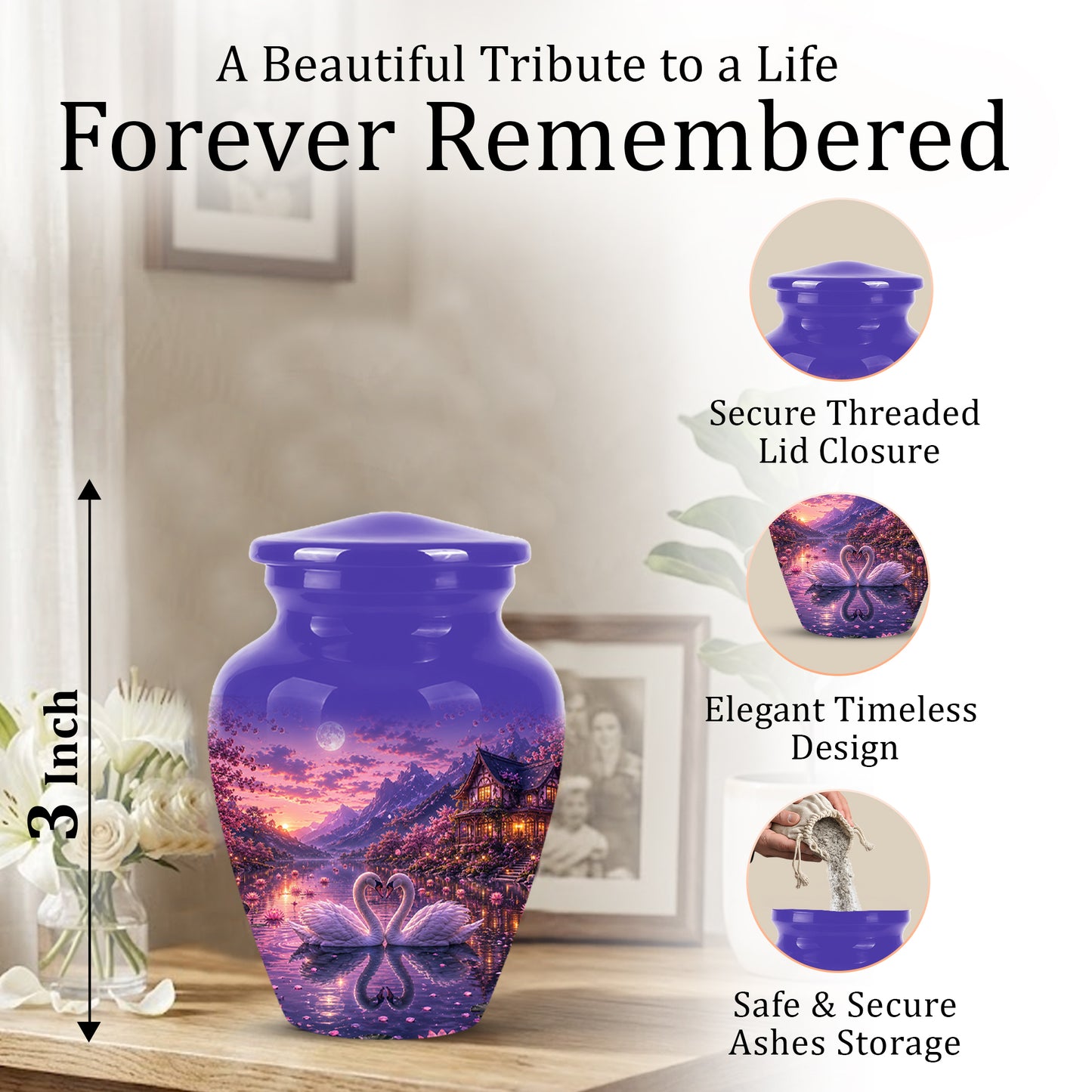 Couple Swan Cremation Urn - Purple Memorial Urns For Loved Ones Ashes