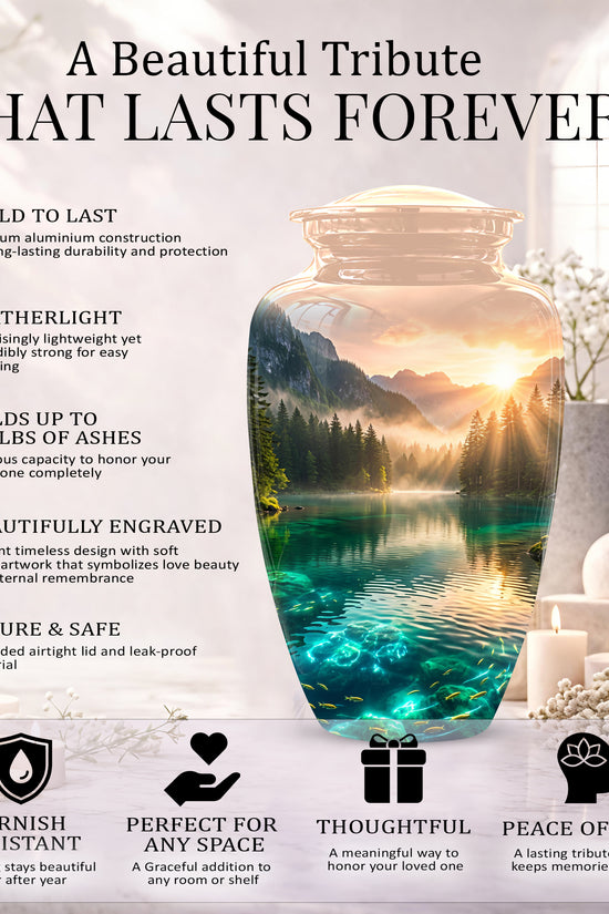 Serene Mountain Lake Cremation Urn- Custom Memorial Art Urns For Ashes