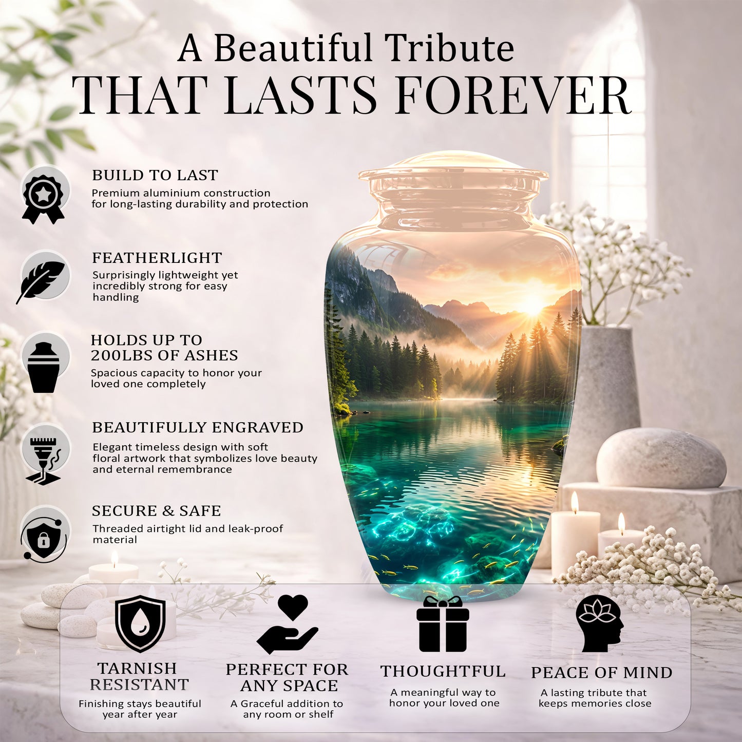Serene Mountain Lake Cremation Urn- Custom Memorial Art Urns For Ashes