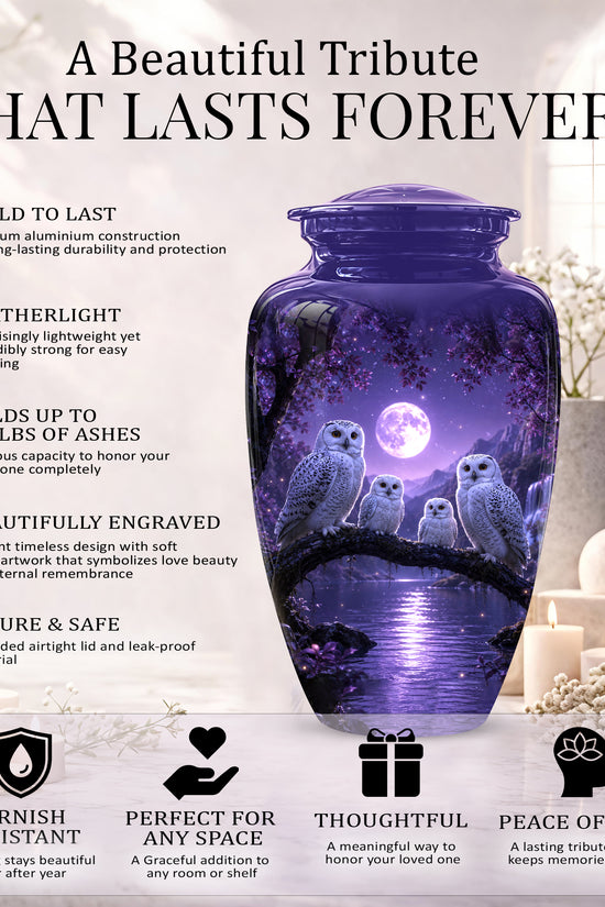 Snowy Owl Family Themed Cremation Urn - Purple Moonlight Memorial Urns