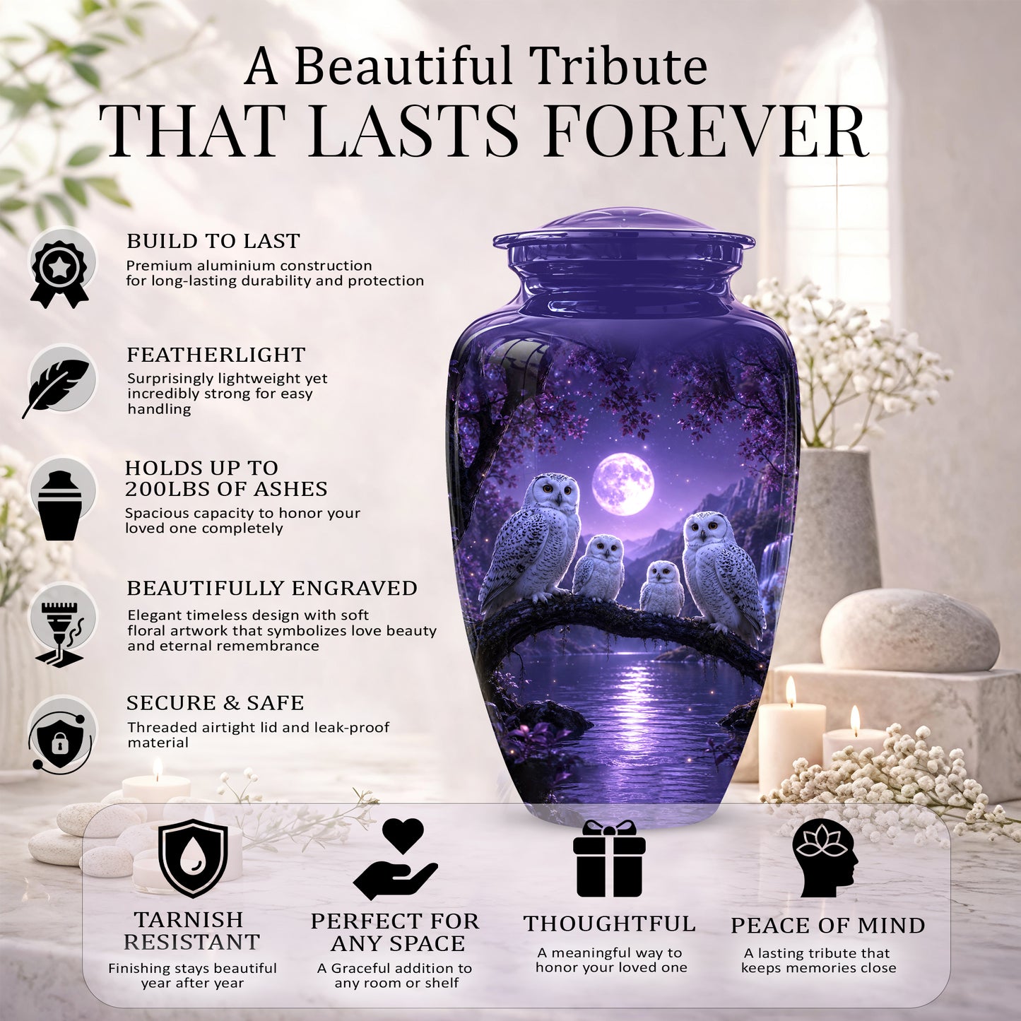 Snowy Owl Family Themed Cremation Urn - Purple Moonlight Memorial Urns