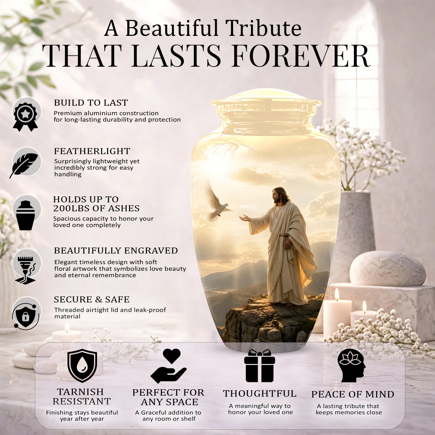Jesus With Dove Themed Urn - Peaceful Eternal Rest Urn For Human Ashes