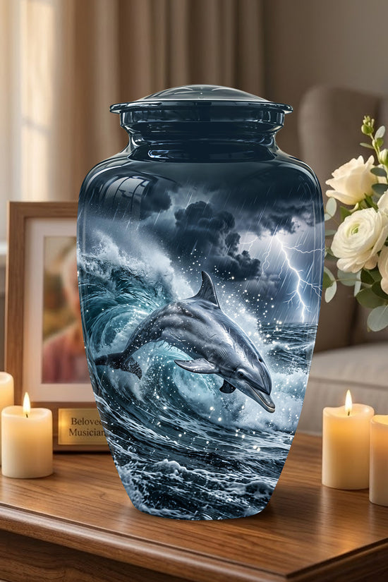 Black Dolphin In Storm Rain - Personalized Funeral Urns For Warriors