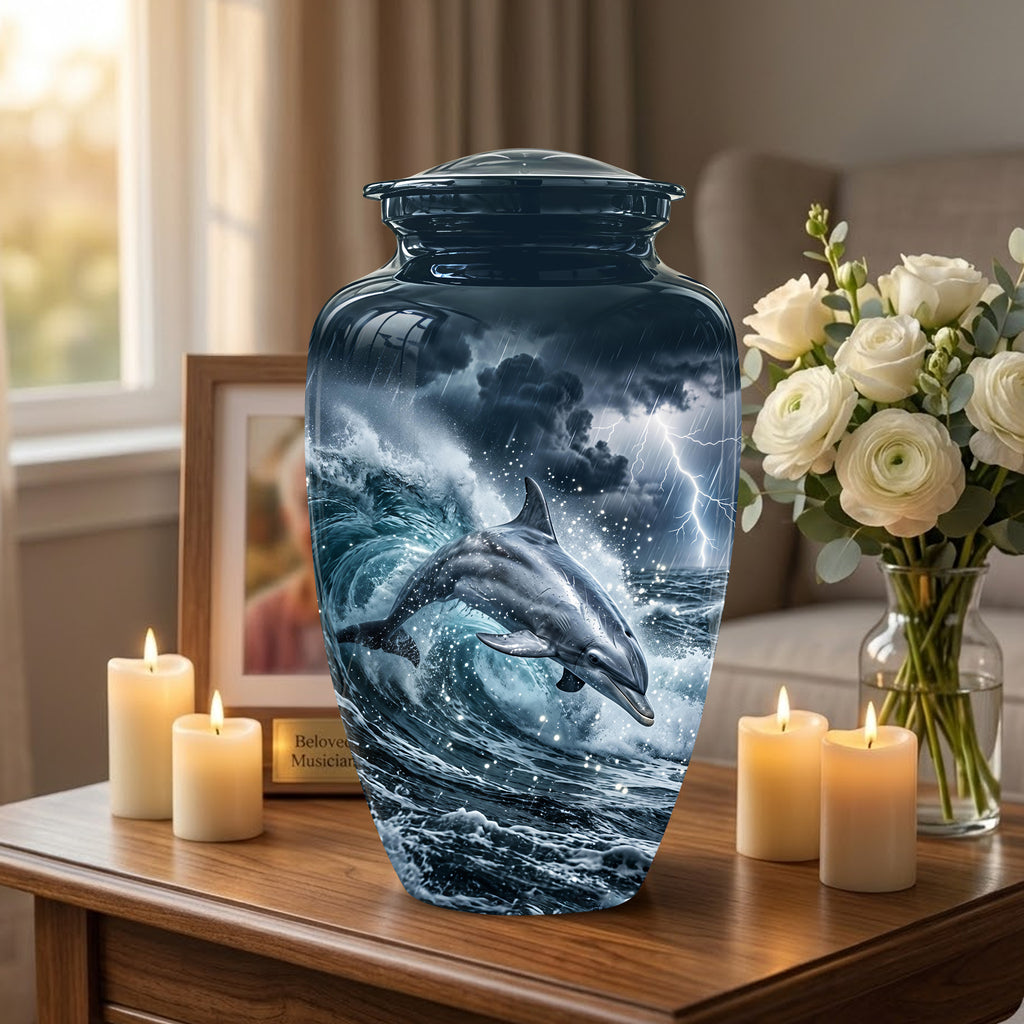 Black Dolphin In Storm Rain - Personalized Funeral Urns For Warriors