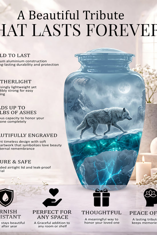 White Wolf In Snow Themed Urn - Classic Custom Urns For Human Ashes