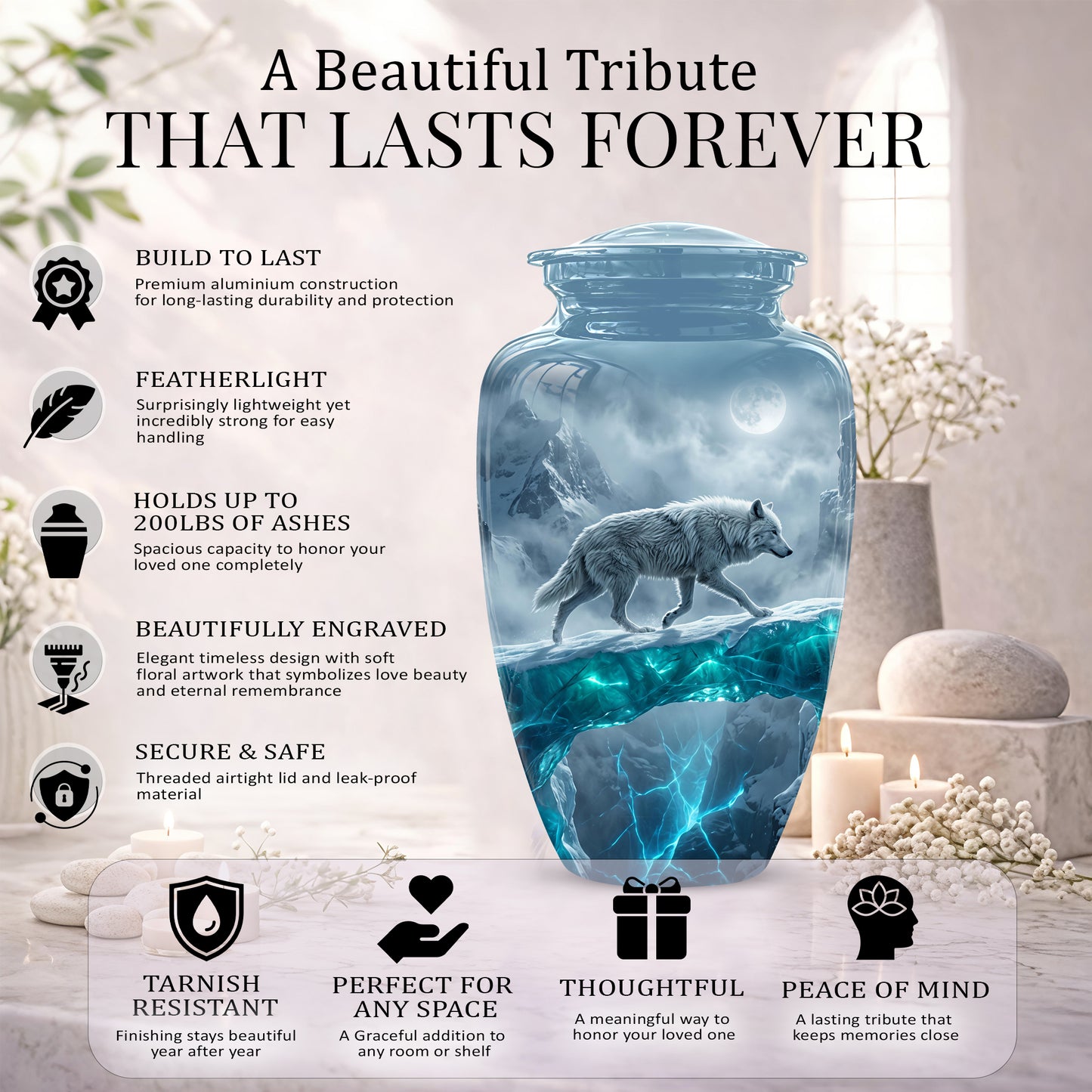 White Wolf In Snow Themed Urn - Classic Custom Urns For Human Ashes