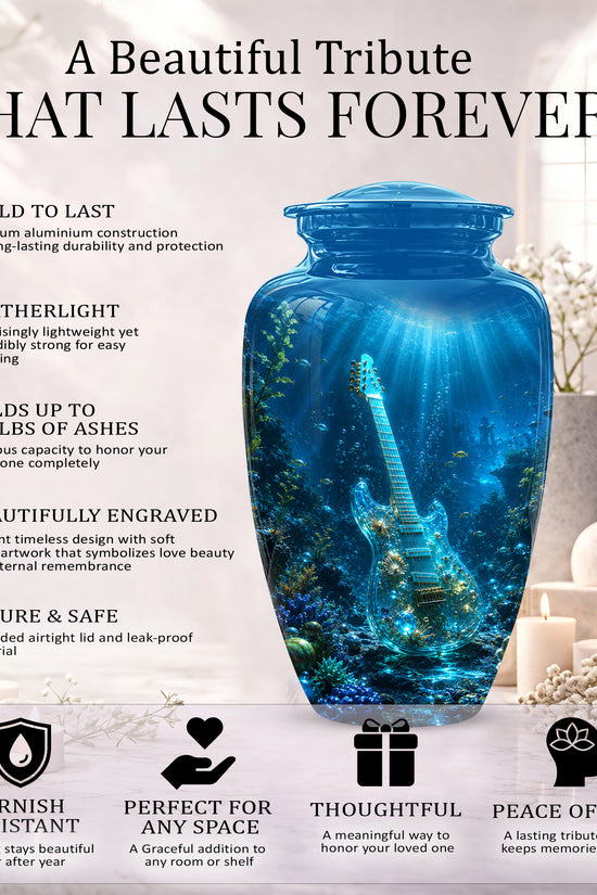 Underwater Guitar Themed Urn -Peaceful Memorial Tribute Urns For Ashes