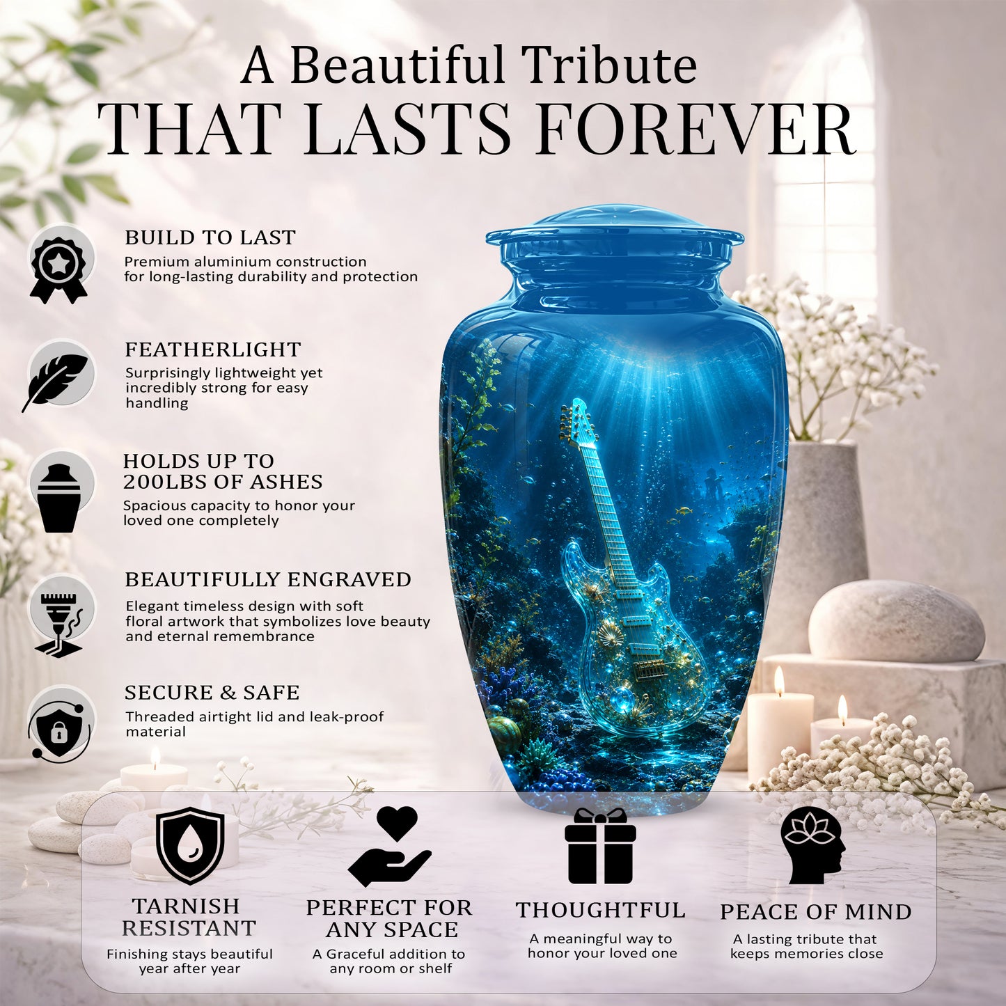Underwater Guitar Themed Urn -Peaceful Memorial Tribute Urns For Ashes