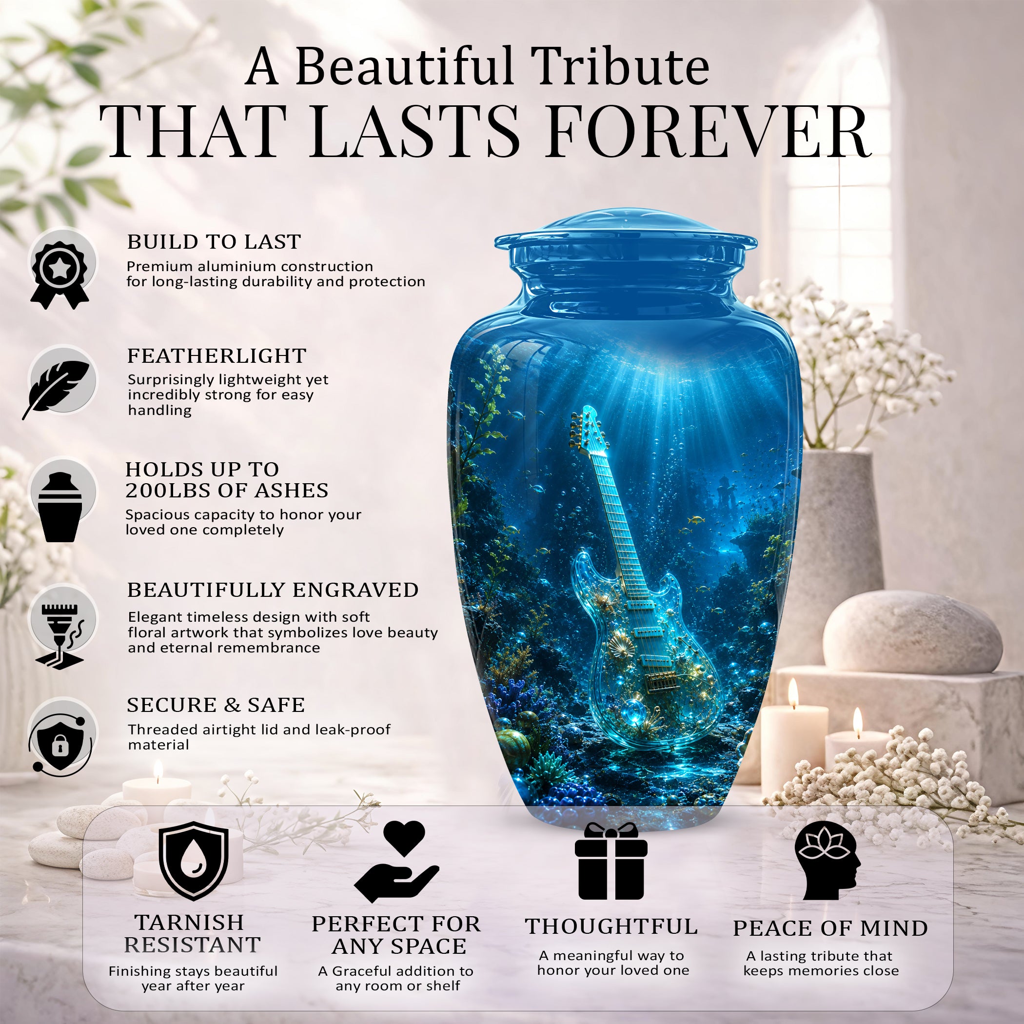Underwater Guitar Themed Urn -Peaceful Memorial Tribute Urns For Ashes