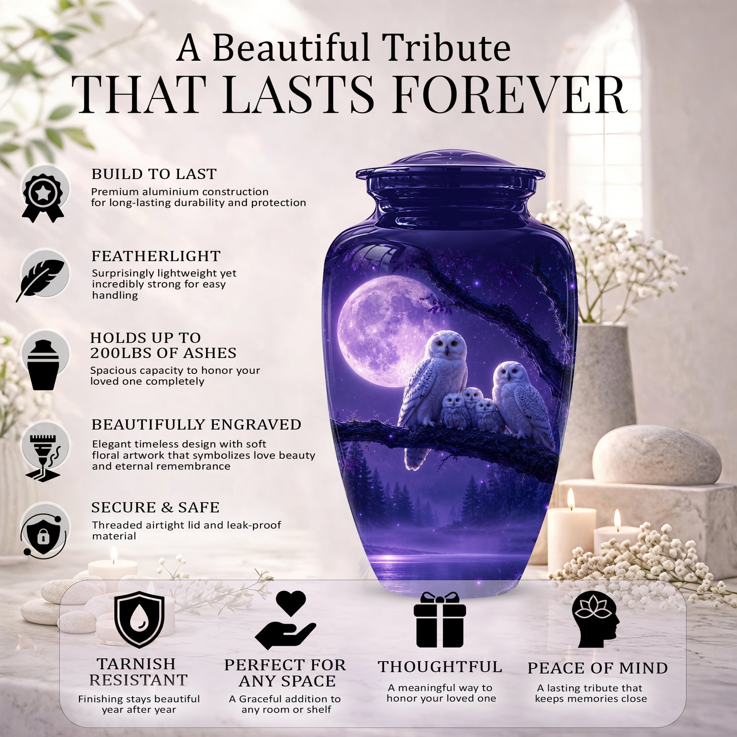 Purple Owl Cremation Urn - Handcrafted Memorial Urn For Adults Ashes