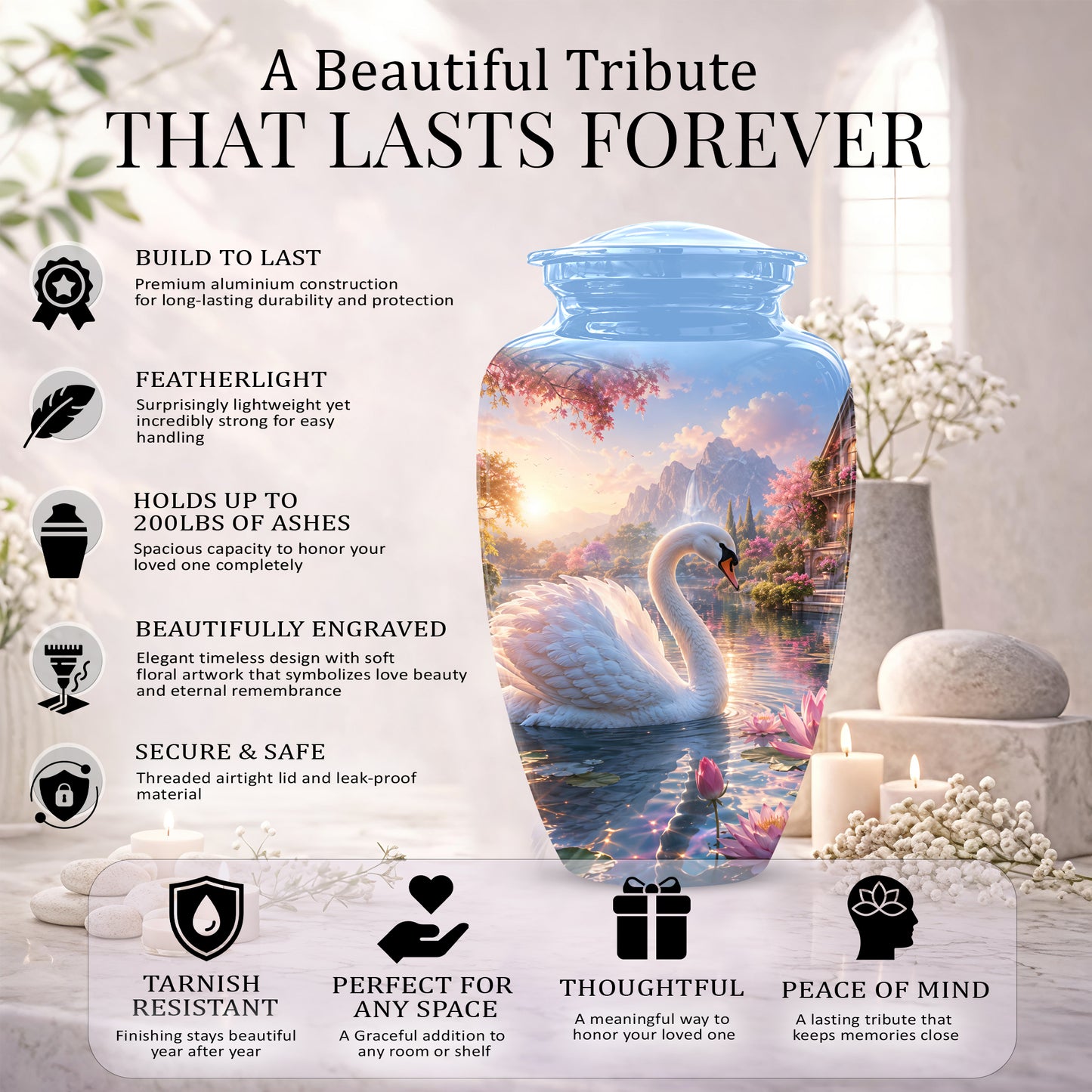 White Swan Themed Urn - Beautiful Custom Memorial Urns For Men & Women