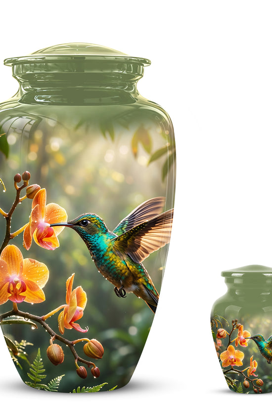 Colorful Hummingbird Urn - Green Cremation Urn For Nature Lovers Ashes