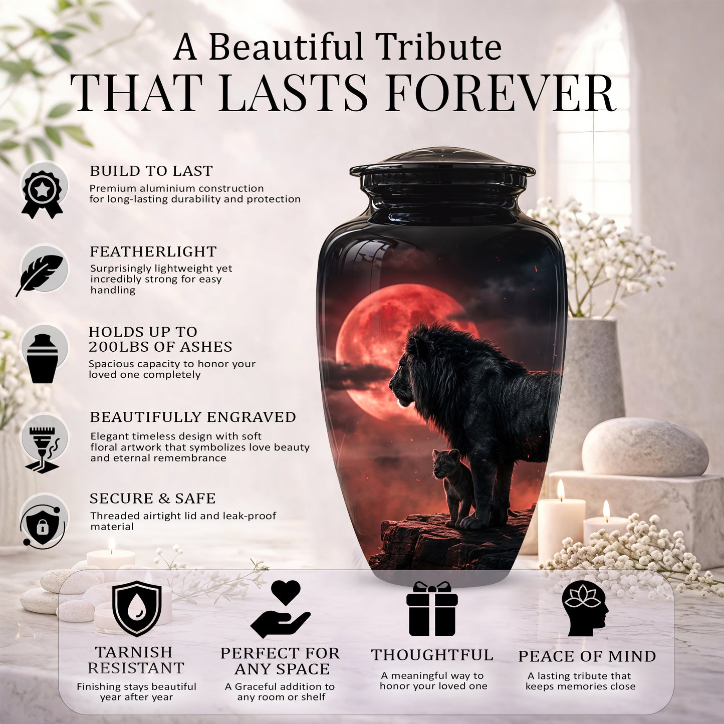 Lion With Cub Cremation Urn - Blood Moon Urns For Human Ashes
