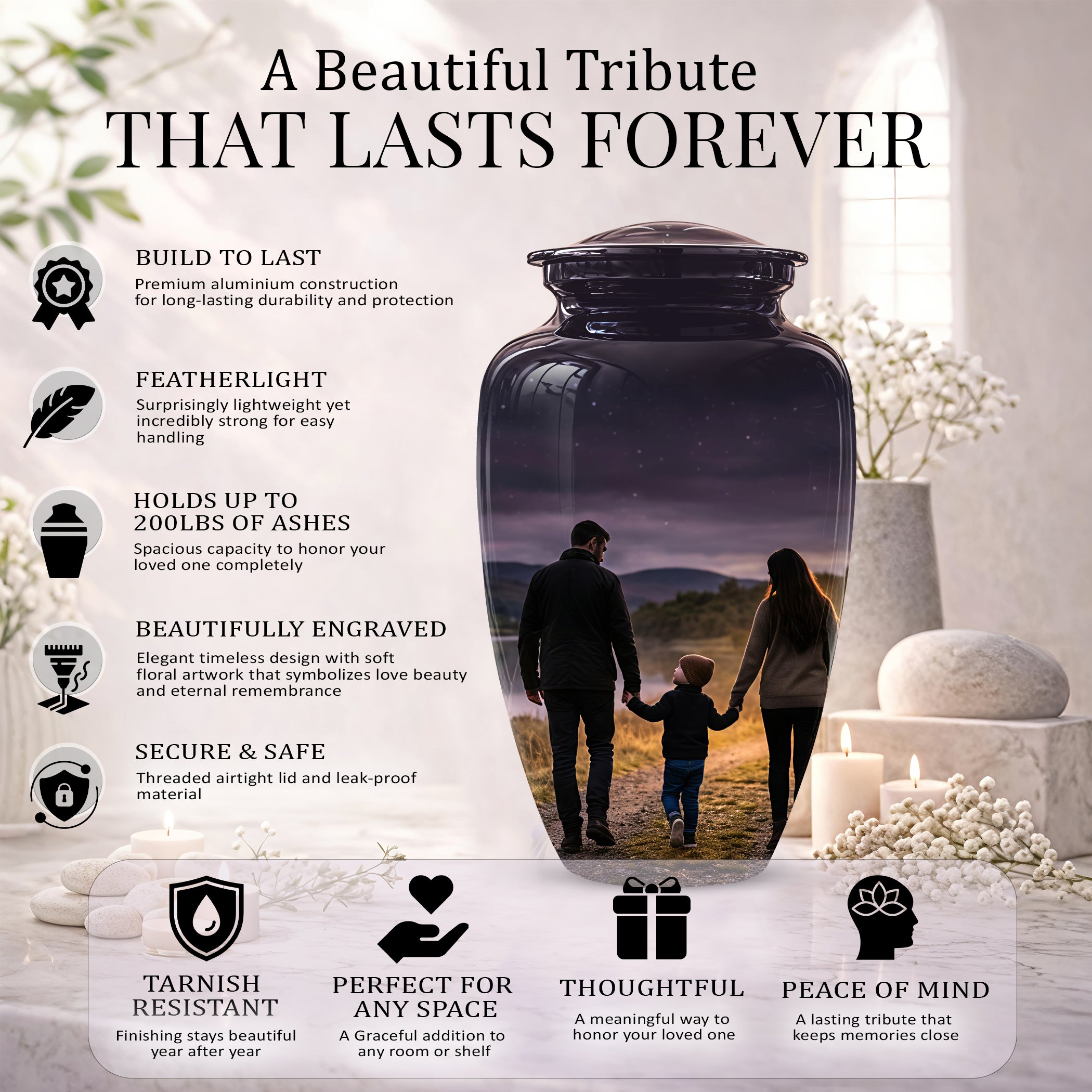 Dad, Son & Mom Cremation Urn - Artistic Night Burial Urns For Human Ashes