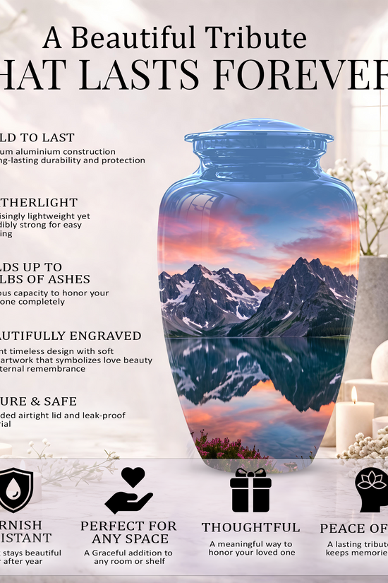 Mountain Lake Burial Urns - Sunset Scenic Cremation Urns For Nature Lovers