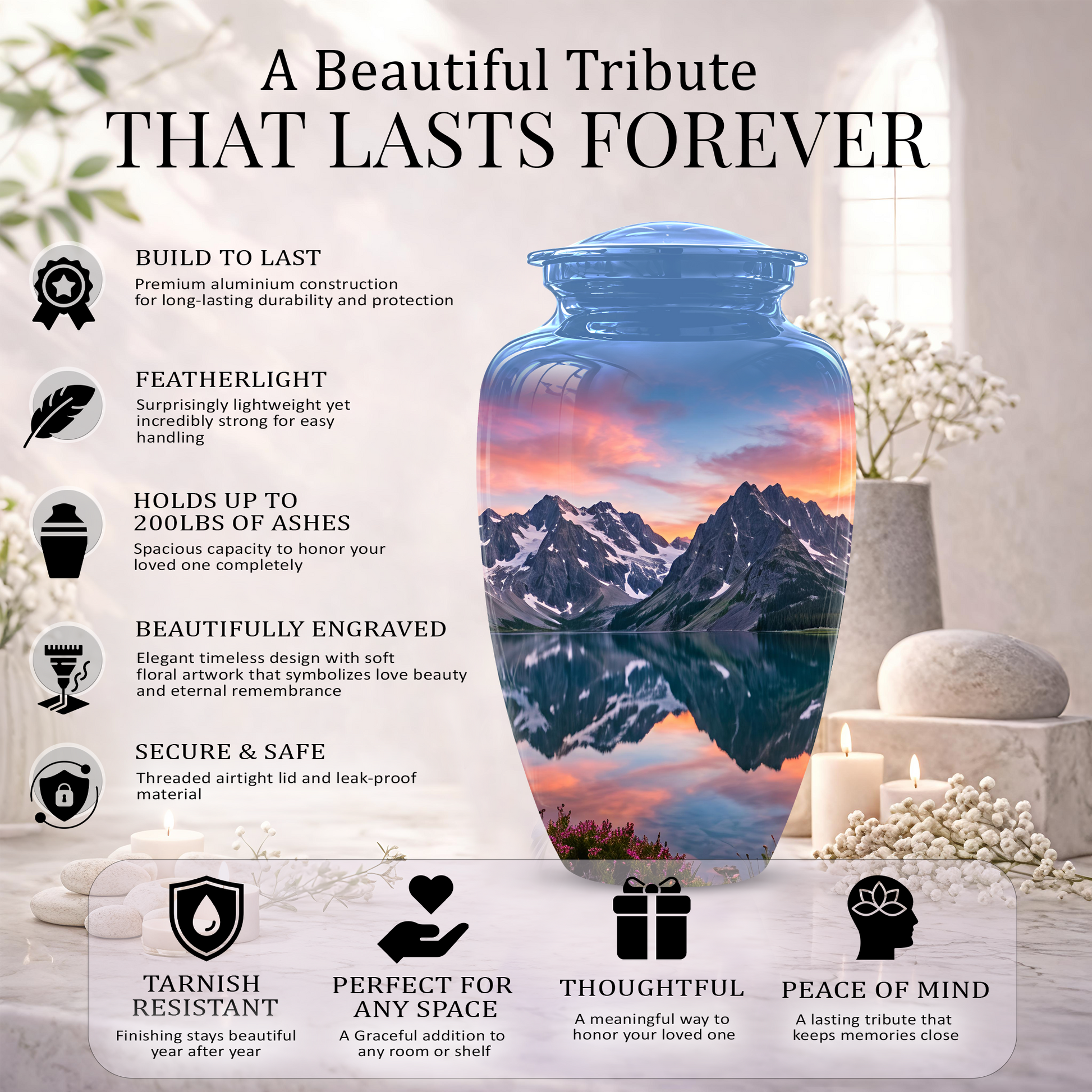 Mountain Lake Burial Urns - Sunset Scenic Cremation Urns For Nature Lovers