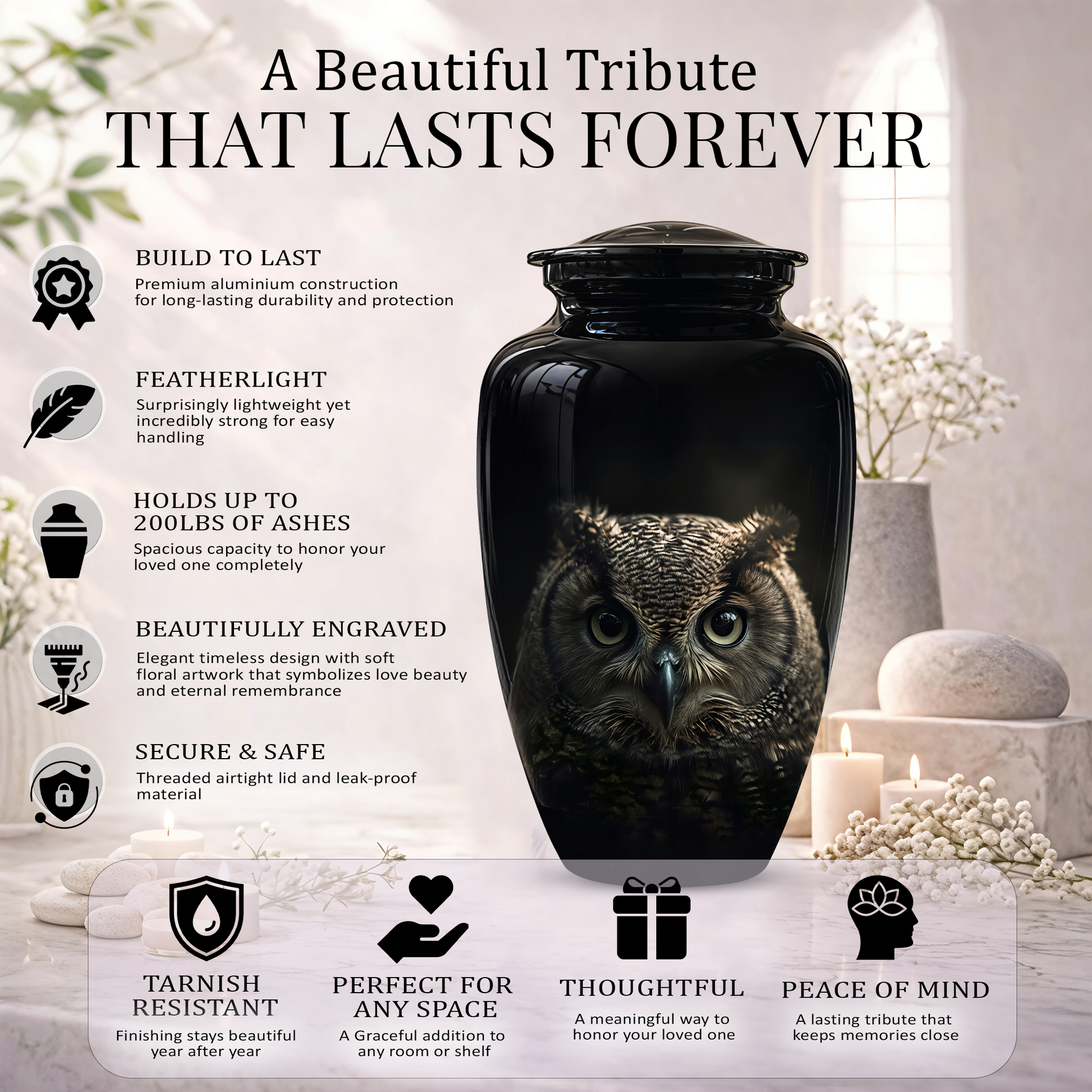Owl Cremation Urns For Human Ashes - Black Burial Urns For Dad