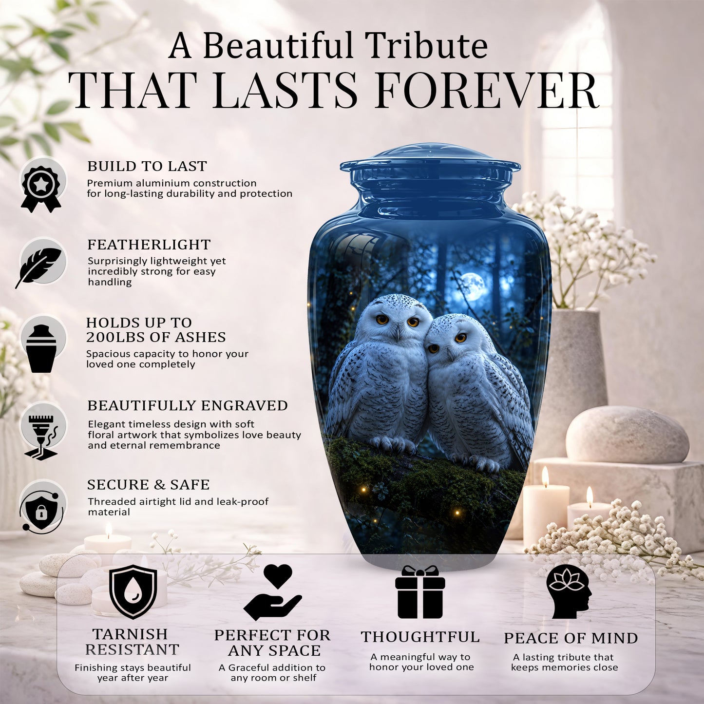 Snowy Owl Cremation Urn - Majestic Blue Memorial Urns For Human Ashes
