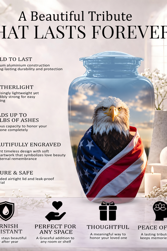 Bald Eagle Draped in American Flag - Patriotic Burial Urns For Human Ashes