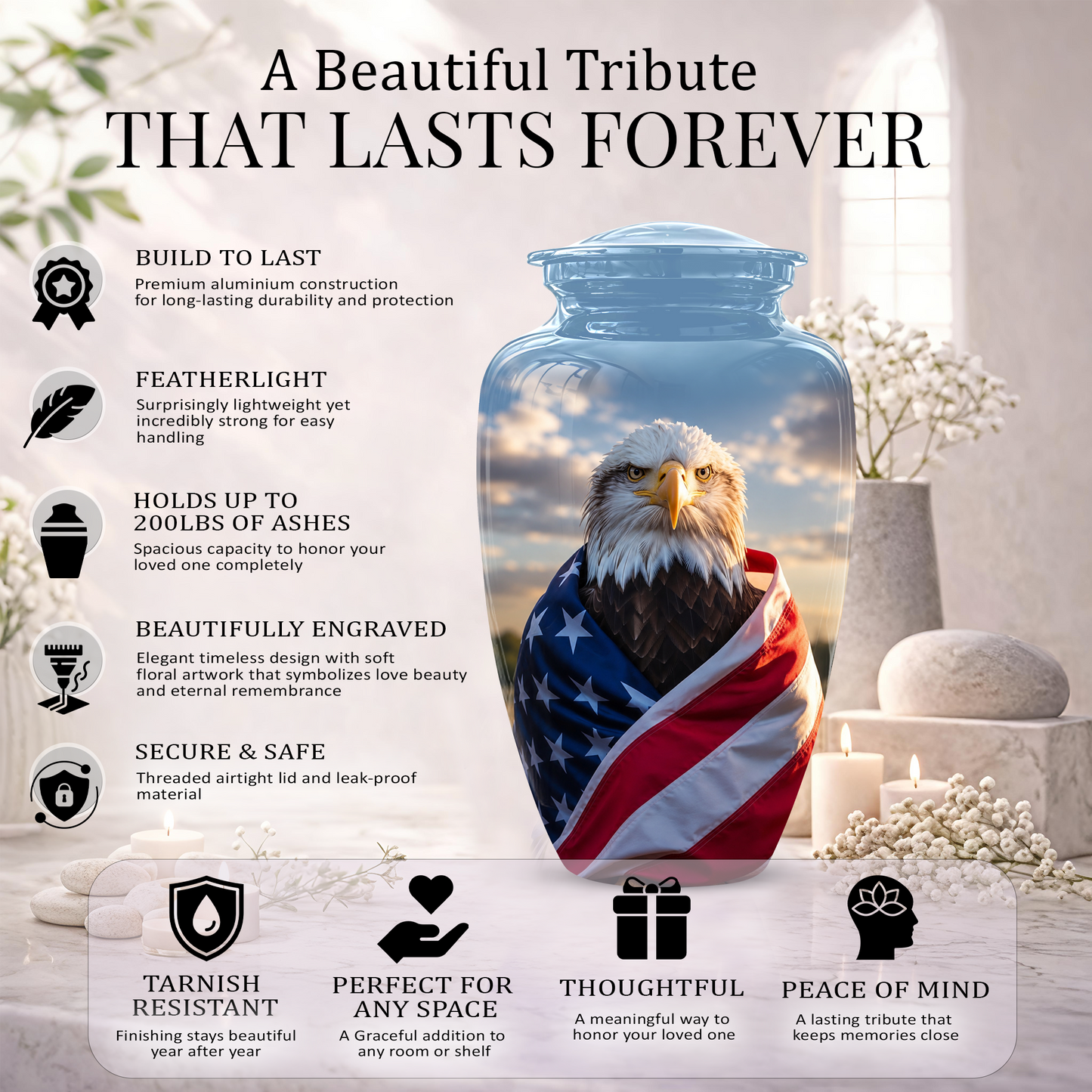 Bald Eagle Draped in American Flag - Patriotic Burial Urns For Human Ashes