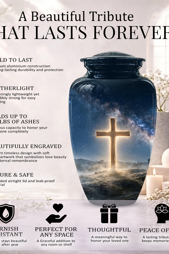 Jesus Cross In Night Sky Urn - Artistic Funeral Memorial Urns For Human Ashes