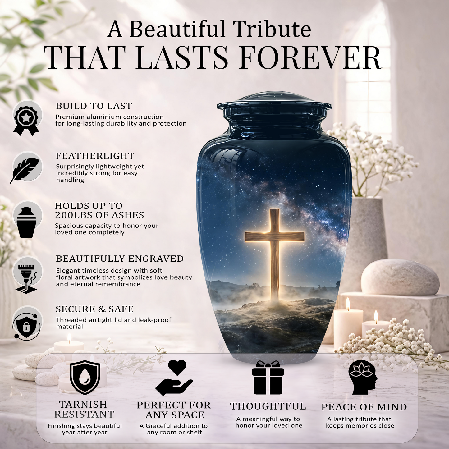 Jesus Cross In Night Sky Urn - Artistic Funeral Memorial Urns For Human Ashes