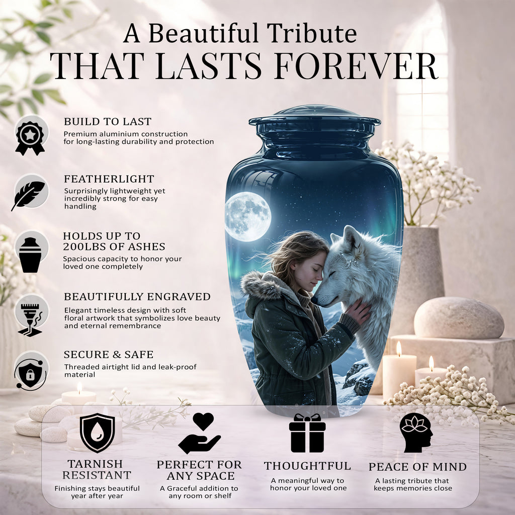 White Wolf Memorial Urn for Ashes - Custom Engraved Urns For Human