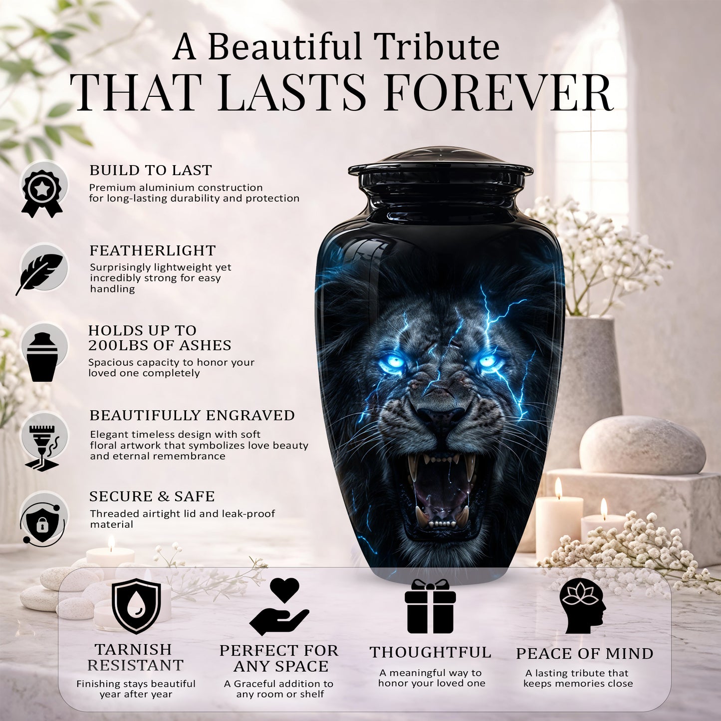 Black Lion Memorial Urns - Custom Handmade Burial Urns For Human Ashes