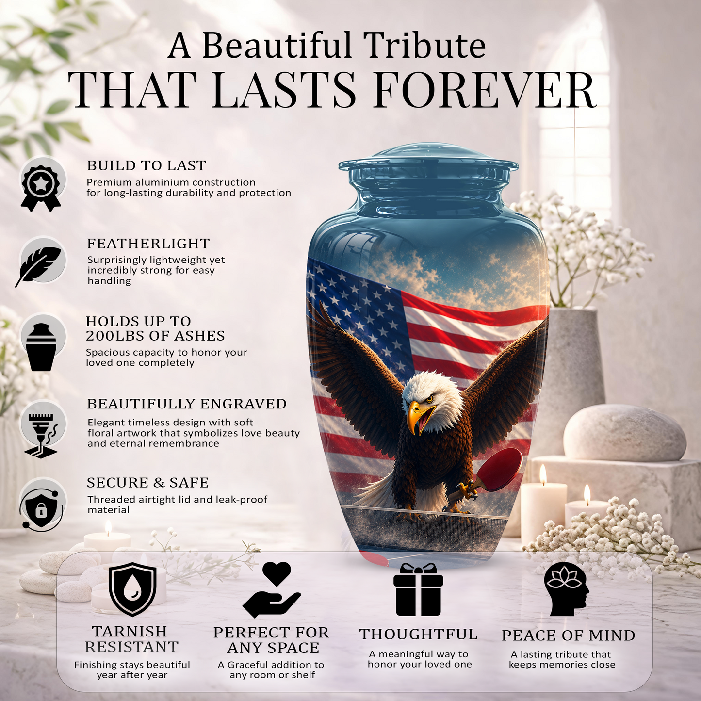 Flying Eagle With American Flag Urn - Patriotic Funeral Memorial Urns