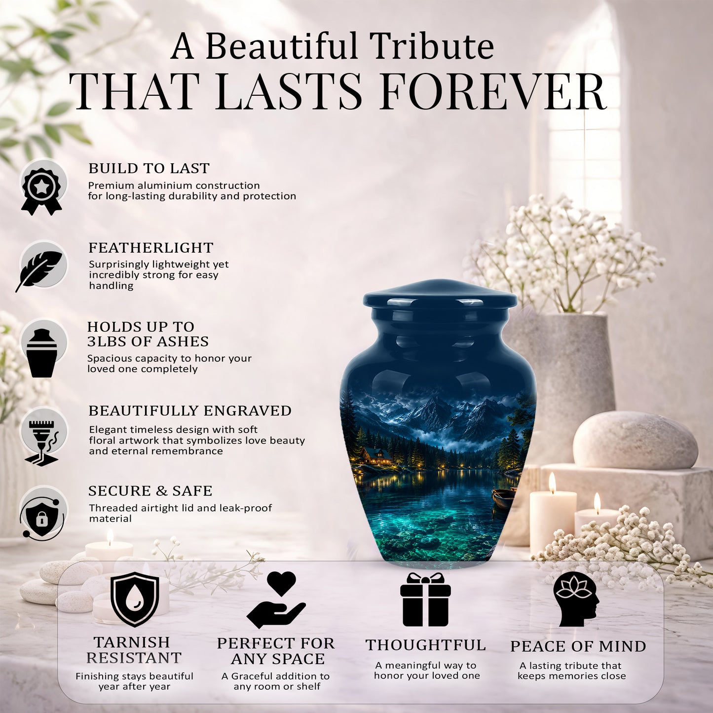 Mountain Lake Cremation Urn - Night Landscape Urns For Human Ashes