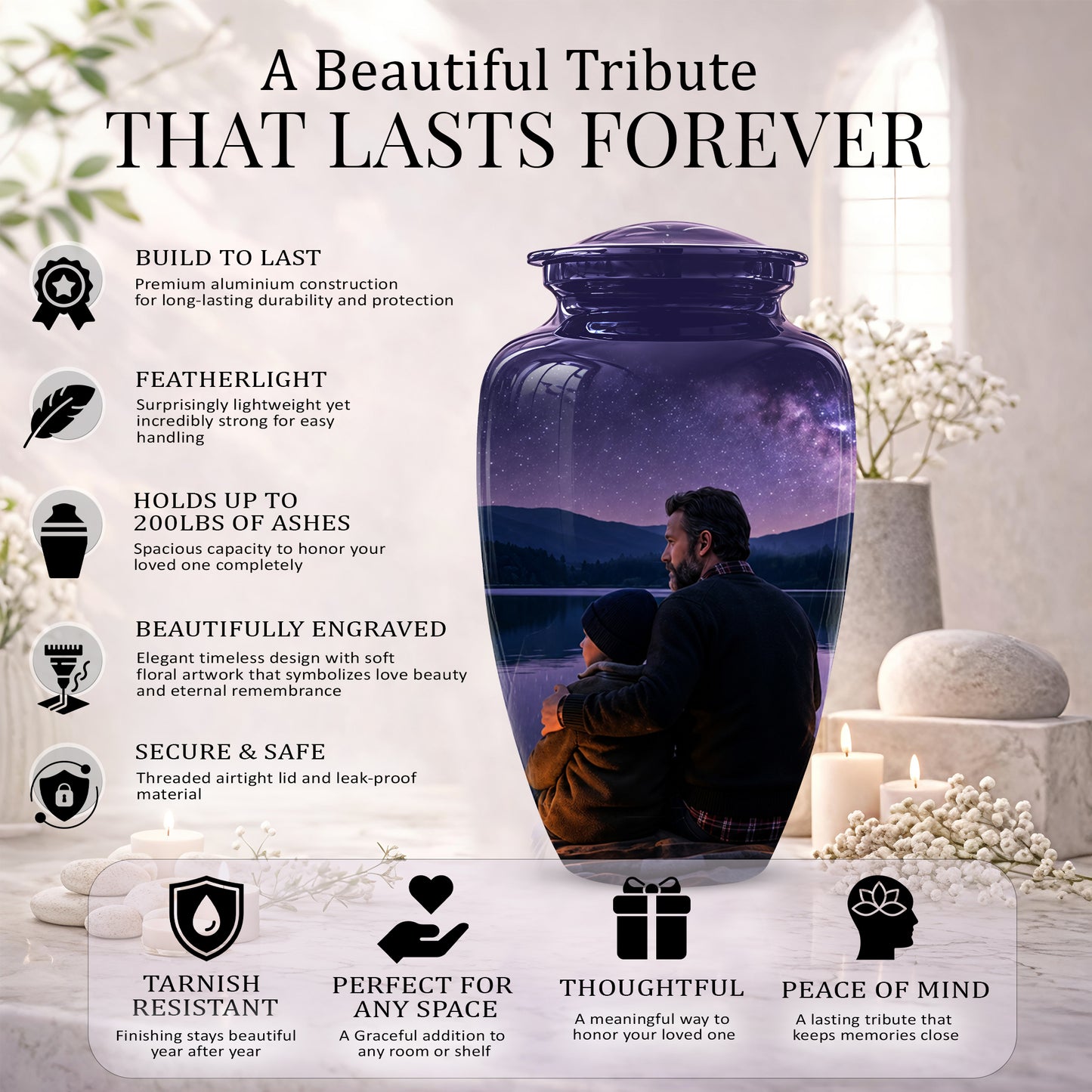 Father & Son Love Cremation Urn - Mountain Night Scenic Urns For Dad