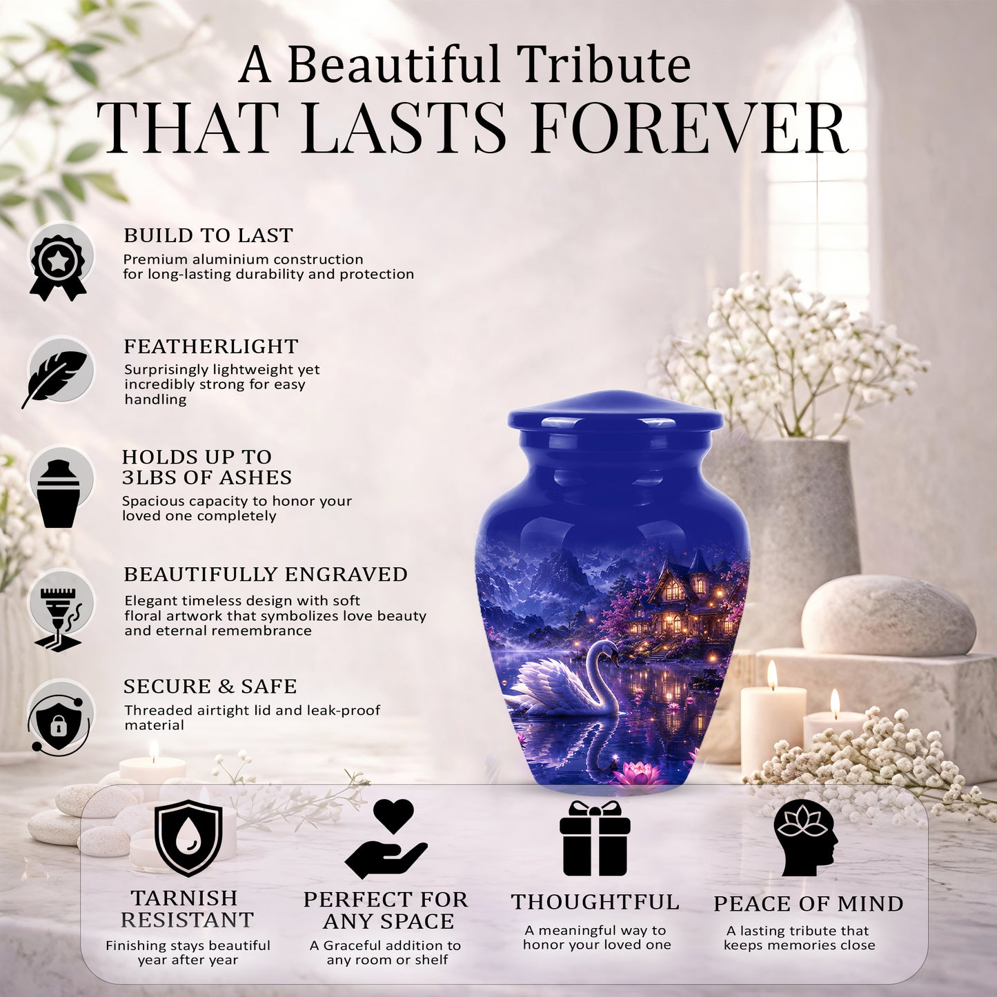 White Swan Cremation Urn - Night Landscape Funeral Urns For Human Ashes