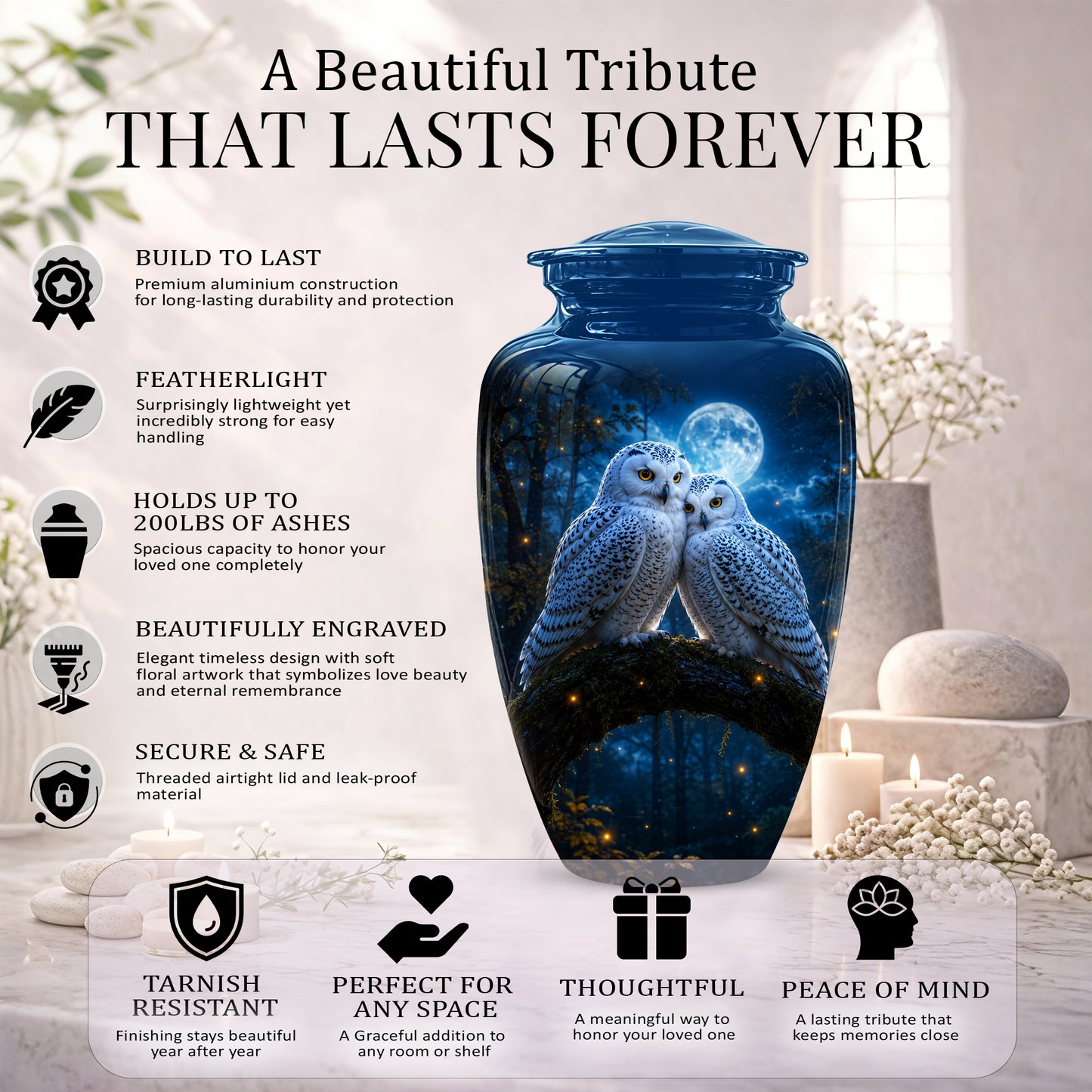 Snowy Owls Cremation Urn - Moonlight Owl Funeral Urns For Human Ashes