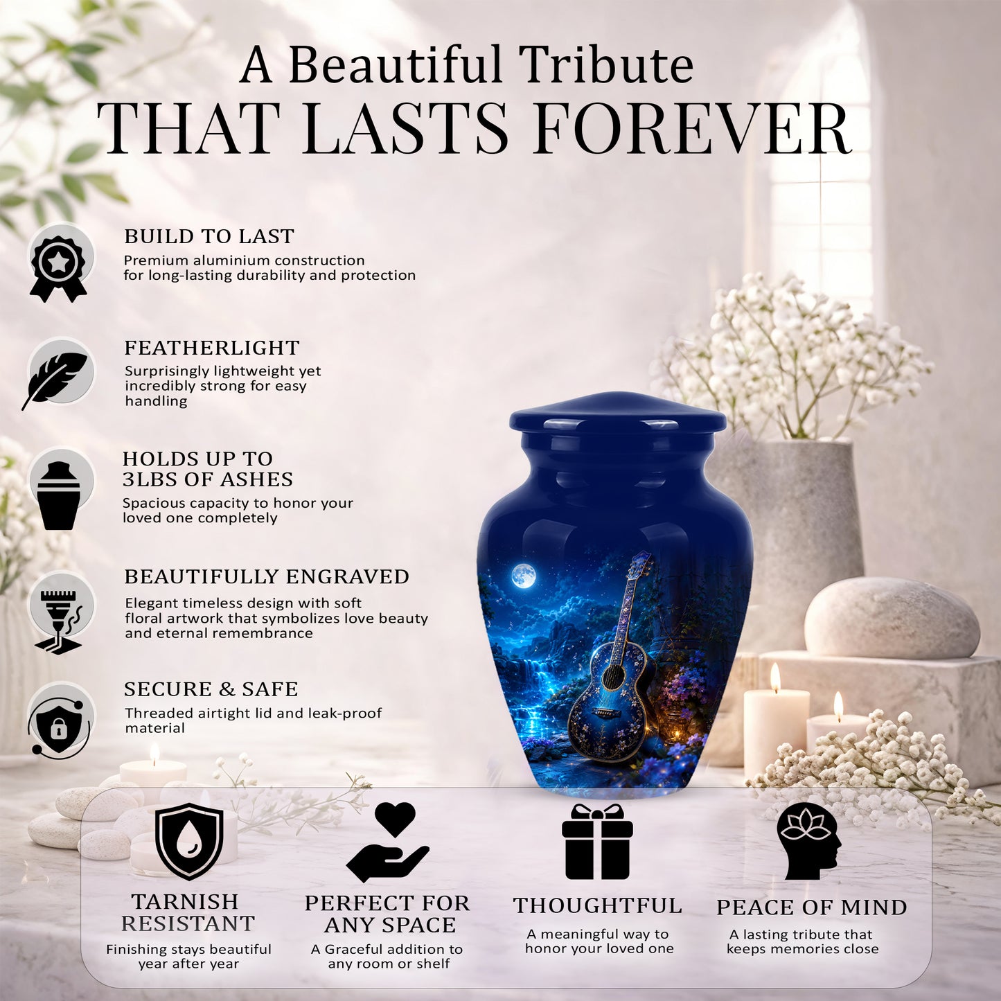 Blue Guitar Moonlight Urn - Beautiful Artistic Urns For Music Lovers