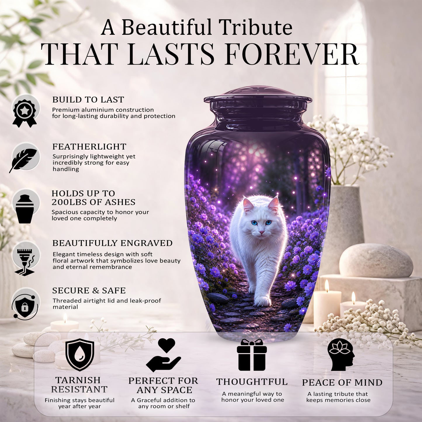 White Cat Cremation Urn - Personalized Burial Urns For Pet Ashes