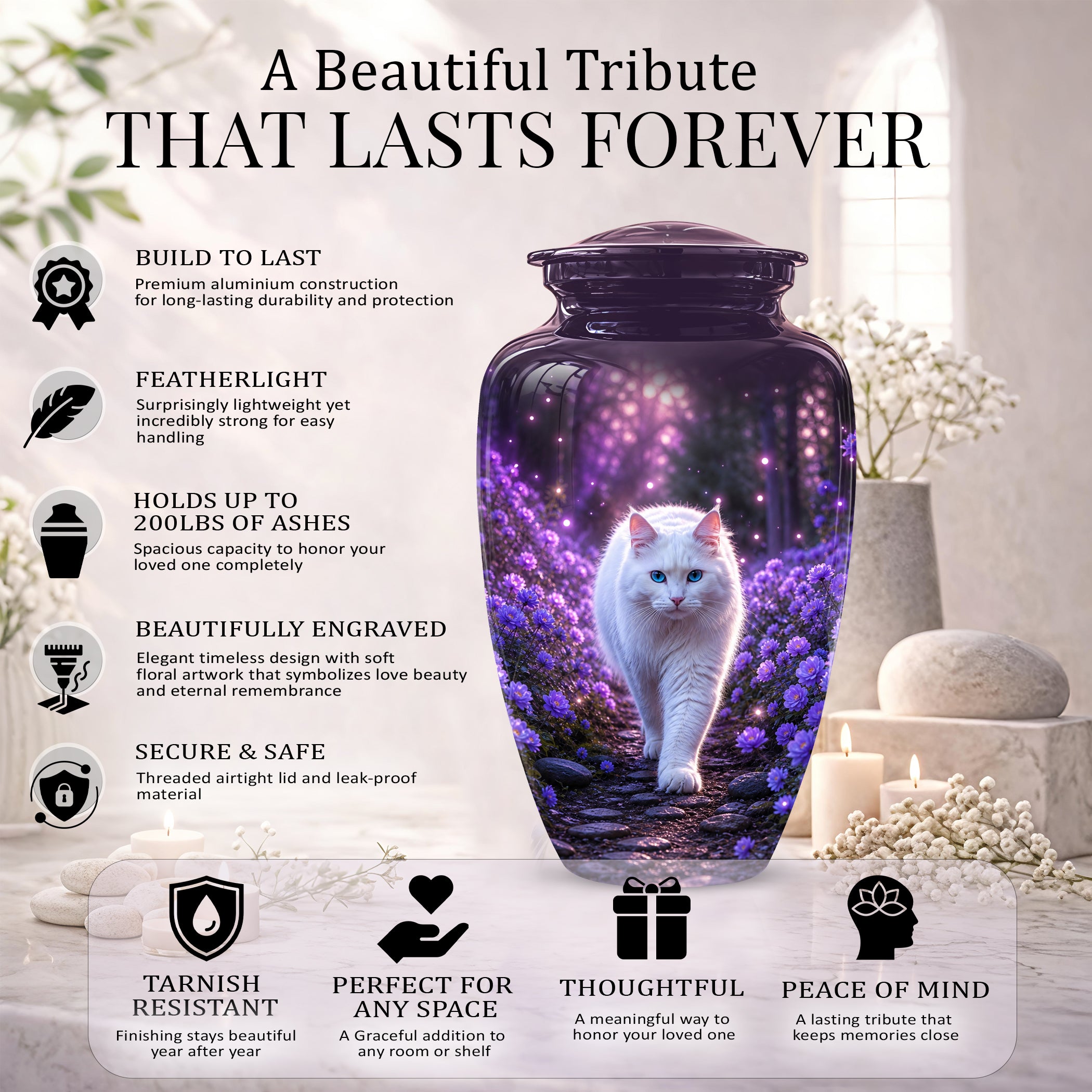 White Cat Cremation Urn - Personalized Burial Urns For Pet Ashes