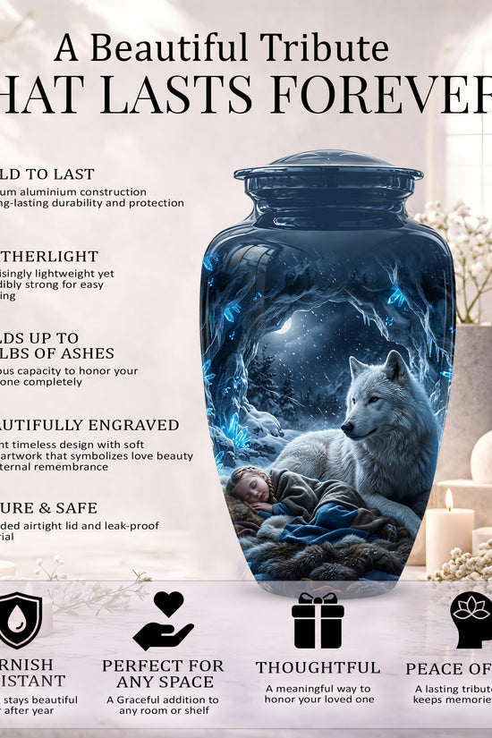 White Wolf With Girl Urn - Custom Memorial Urns For Men & Women Ashes