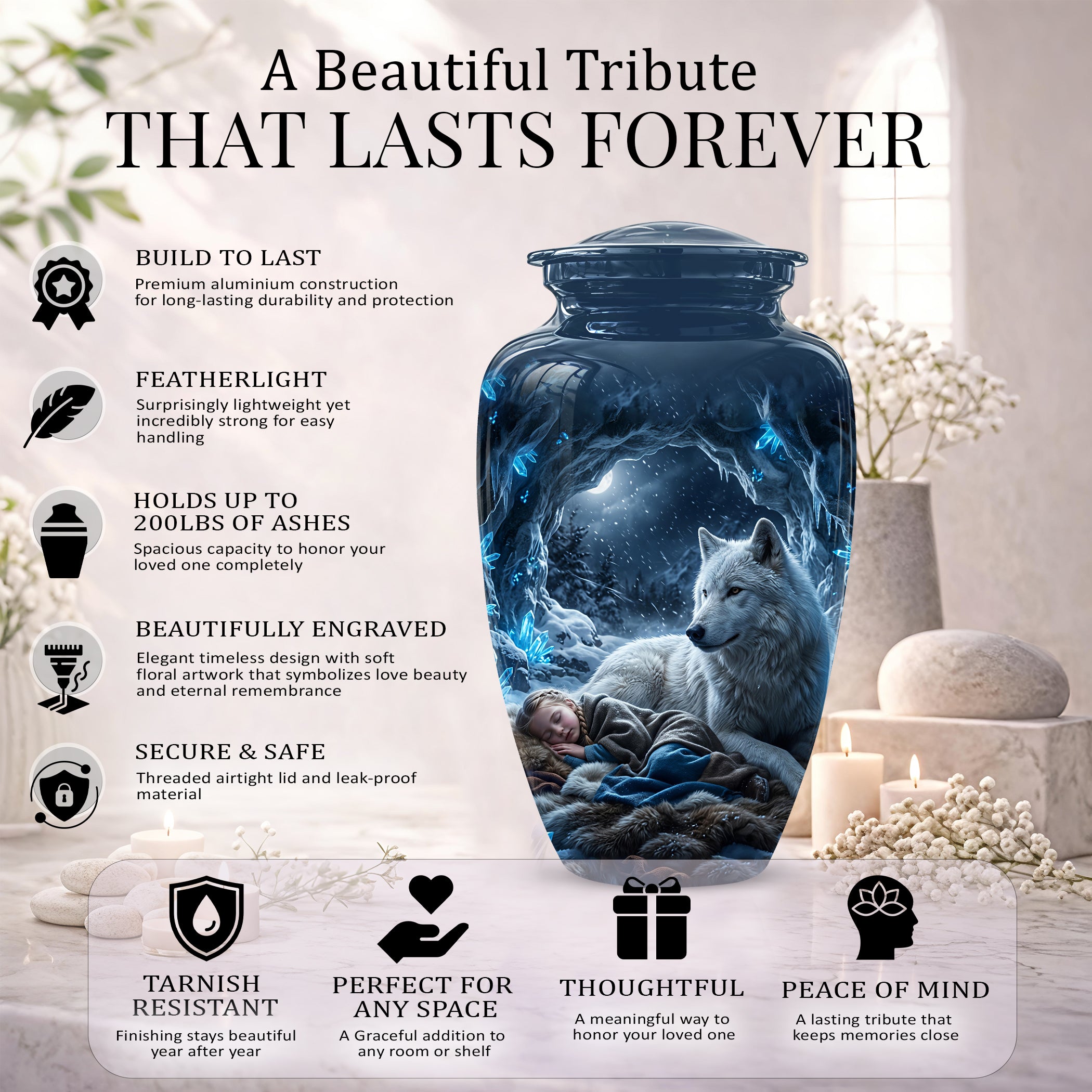 White Wolf With Girl Urn - Custom Memorial Urns For Men & Women Ashes