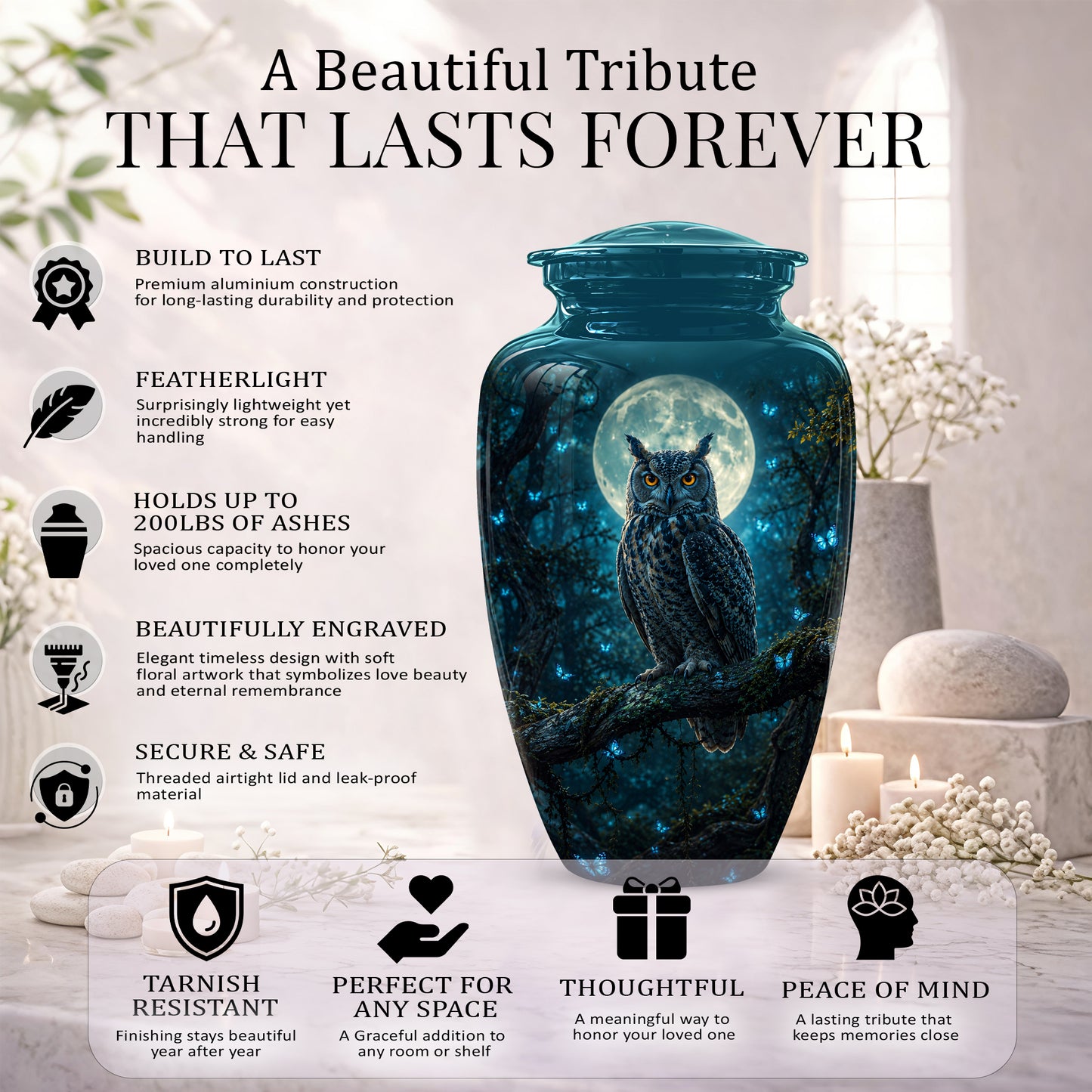 Majestic Horned Owl Burial Urn - Moonlight Owl Funeral Urns For Ashes