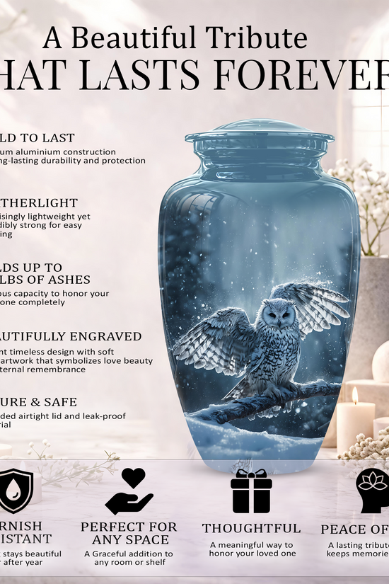Snowy Owl Cremation Urn - Blue Funeral Urns For Human Ashes