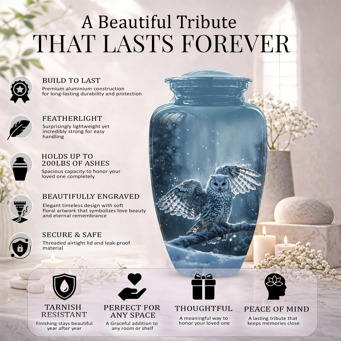 Snowy Owl Cremation Urn - Blue Funeral Urns For Human Ashes