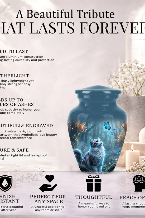 White Cat With Flying Butterfly - Custom Handcrafted Urns For Humans