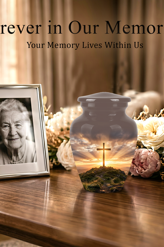 Christian Cross Cremation Urn - Sunrise Scenic Burial Urns For Human Ashes