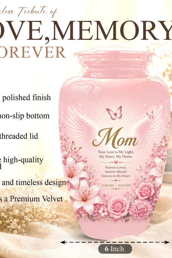 Angel Wings Funeral Urn for Mom – Pink Aluminium Burial Urn for Human Ashes