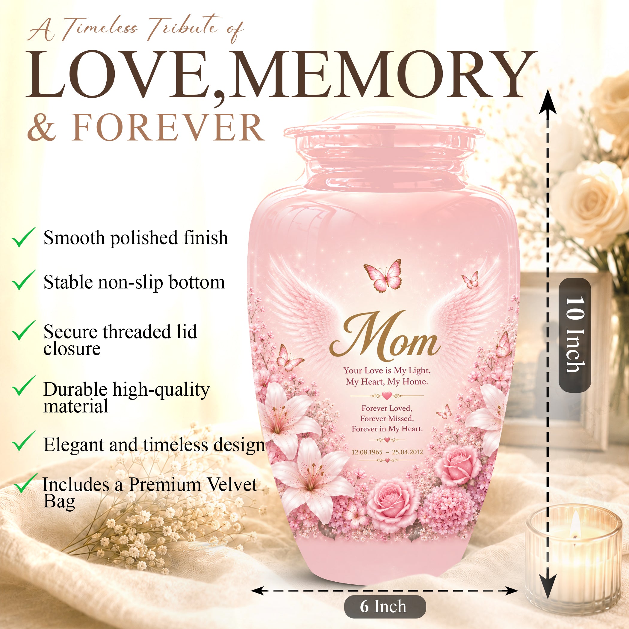 Angel Wings Funeral Urn for Mom – Pink Aluminium Burial Urn for Human Ashes
