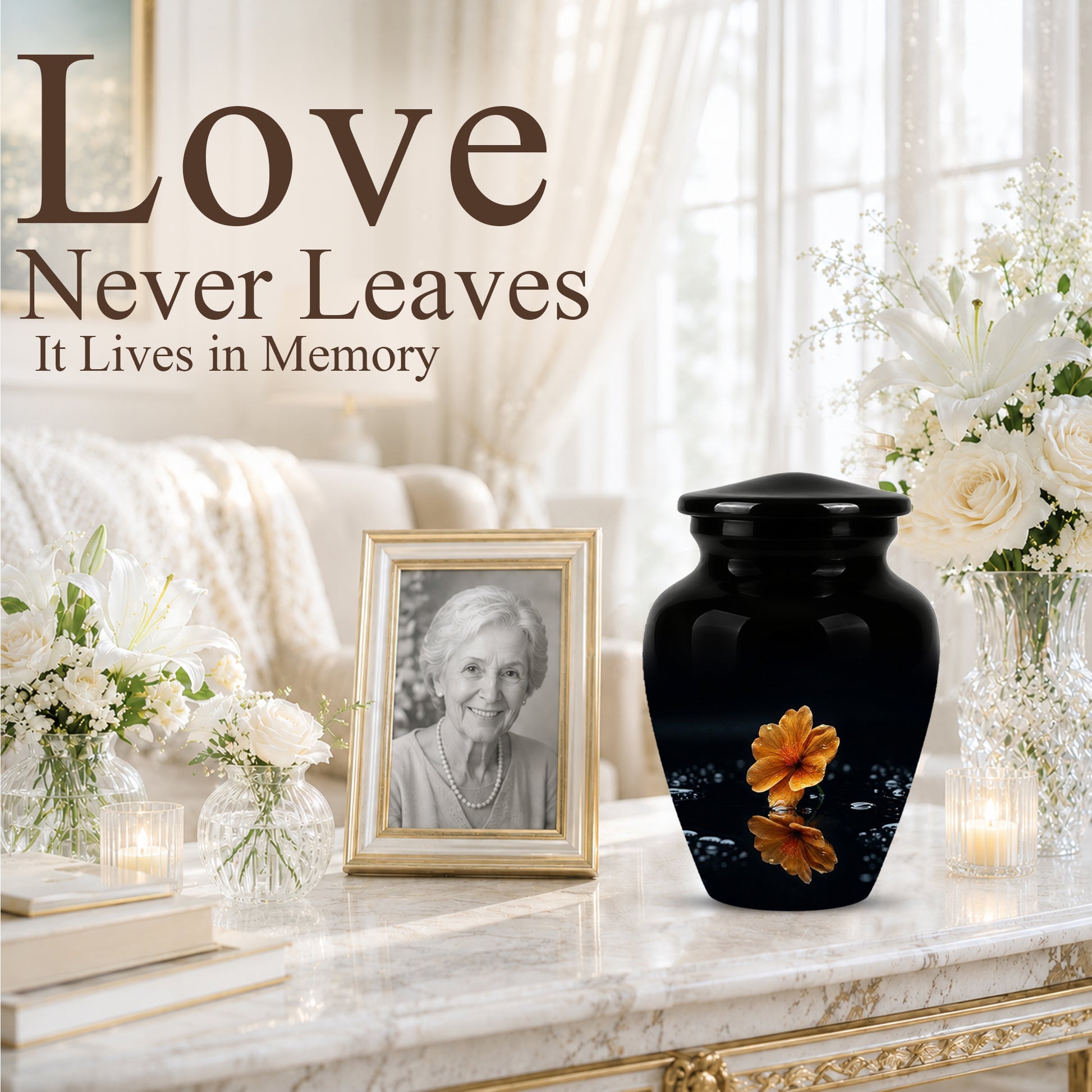 Decorative Yellow Flower Themed Urn - Decorative Black Urns For Ashes