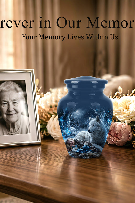 White Wolf With Girl Urn - Custom Memorial Urns For Men & Women Ashes